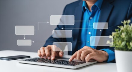 Man typing on laptop with business process diagram