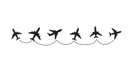 Naklejka premium Multiple airplane silhouettes flying in a dotted line path silhouette