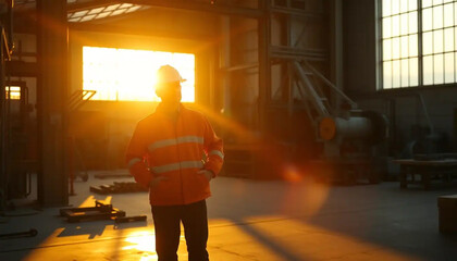 Worker illuminated by bright sunlight in a factory setting