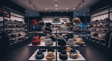 Retail hat store with a wide assortment of hats on shelves and tables