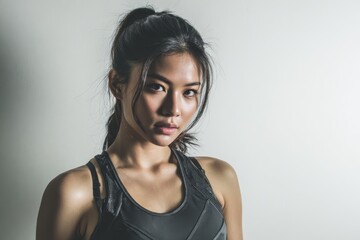 Naklejka premium Image of an Asian woman in athletic clothing against a white backdrop
