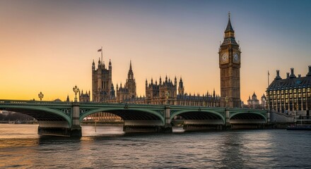 Naklejka premium River view of the Houses of Parliament at dusk under a golden sky