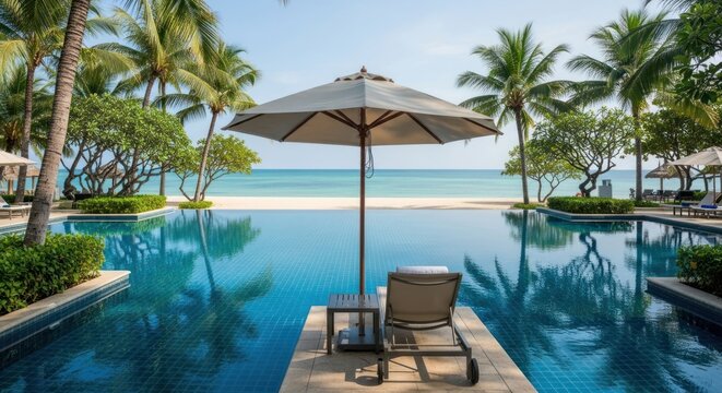 Pool leading to a tropical beach with umbrella and lounge chair