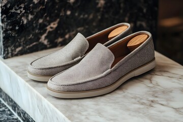 Stylish snakeskin patterned loafers with thick soles on a marble surface