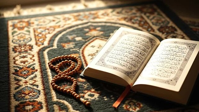 An open Quran rests on an ornate rug next to prayer beads illuminated by natural light