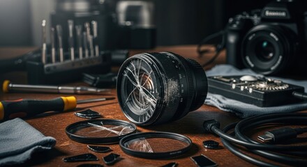 Fototapeta premium Shattered camera lens on a repair table with tools and second camera