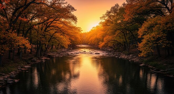 River runs through autumn trees under an orange sunset - Powered by Adobe