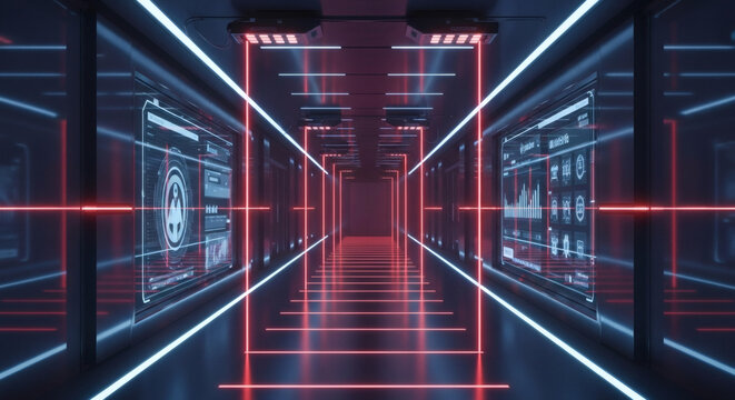 Futuristic dark corridor with glowing neon lights and holographic data screens.