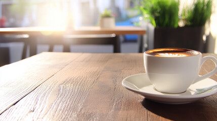 Warm and inviting coffee shop interior with sunlight streaming through window, highlighting cup of coffee with latte art on wooden table. background features blurred greenery and seating