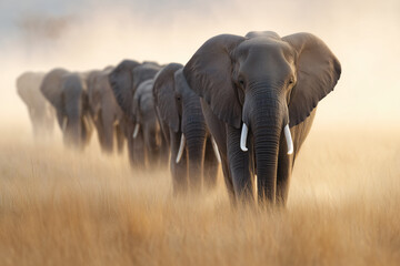 Fototapeta premium A captivating image of a herd of elephants walking through a sunlit grassy field, with a beautiful sky in the background. They appear in an orderly line.
