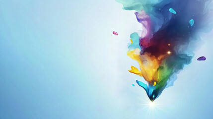 Vibrant abstract artwork featuring colorful nebula like cloud blending into light blue background, with dynamic splashes of color and glowing highlights creating sense of motion and energy