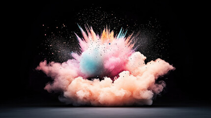 Vibrant explosion of colorful powder clouds in dark background, resembling nebula with glowing particles and dynamic, high energy atmosphere