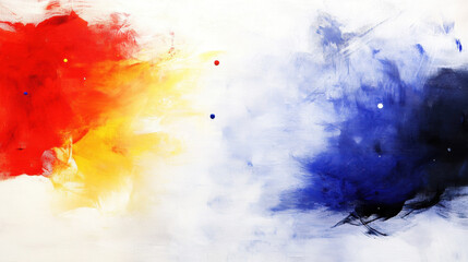 Vibrant abstract painting featuring bold red, yellow, and blue color fields blending into white background, evoking sense of energy and balance