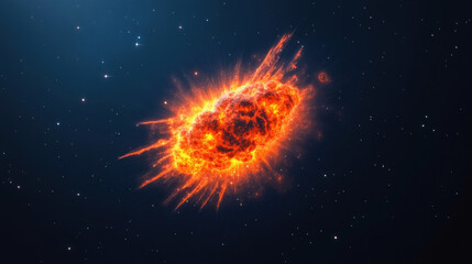 Vibrant and colorful supernova explosion in deep space, showcasing intense starburst effect with fiery orange and red hues against dark starry background