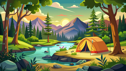 Naklejka premium Camping tent in a camping in a forest by the river, gentle breeze, sparkling water, soft sunlight, serene atmosphere, peaceful retreat, lush greenery, calm reflections, harmony with nature, tranquil e