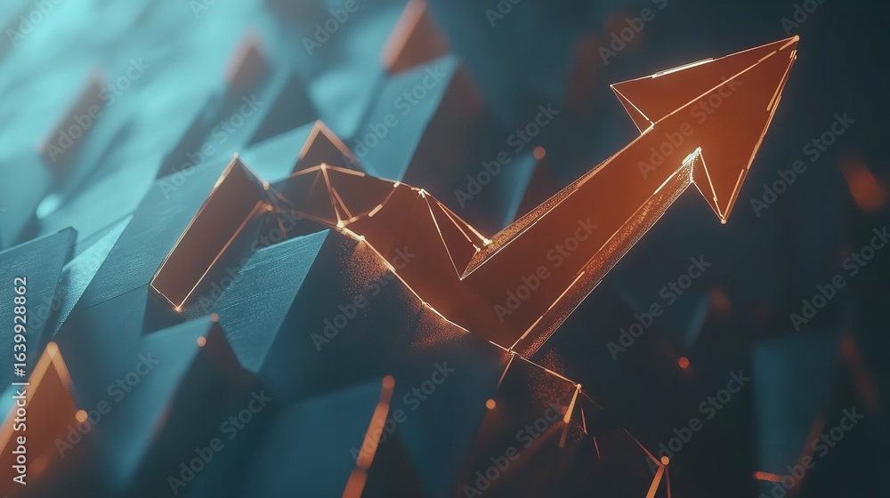 Poster abstract orange arrow pointing upward with geometric shapes on a teal and dark background design