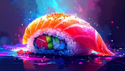 Vibrant sushi illustration with dynamic colors
