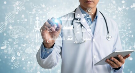 Doctor interacting with futuristic medical data interface