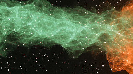 Cosmic background with glowing green and orange nebula tendrils, surrounded by scattered stars in deep space, creating high fidelity and ethereal atmosphere
