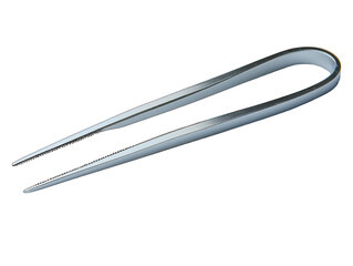 A sleek, metallic pair of tweezers, angled diagonally