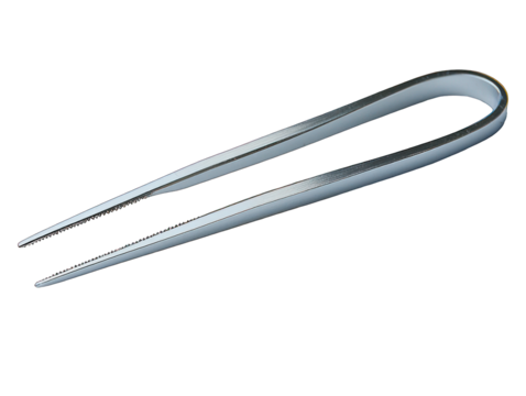 A sleek, metallic pair of tweezers, angled diagonally