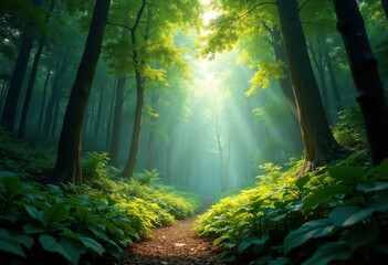 Obraz premium vibrant forest canopy dappled sunlight nature lush greenery enchanting wilderness luminescent flora, trees, broadleaf, leaf, shade, foliage, underbrush