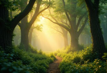 Obraz premium vibrant forest canopy early morning mist enveloping lush green trees natural landscape, nature, fog, light, sunlight, dawn, breeze, wilderness, bark