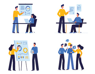 Vector set of business people collaborating, presenting data, and planning goals