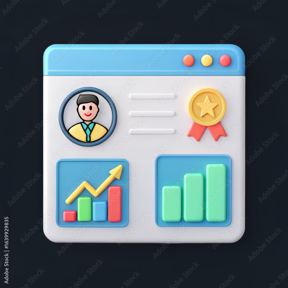 Poster 3d render of a user profile web page with growth charts and awards