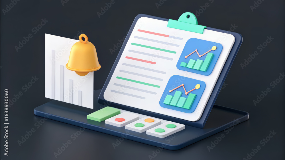 Poster 3d render of a clipboard with charts and a notification bell