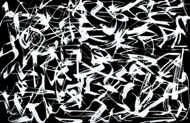 Abstract composition in expressive calligraphy style with white dynamic brushstrokes on a black background. The chaotic rhythm of lines and strokes creates a sense of energy and movement.