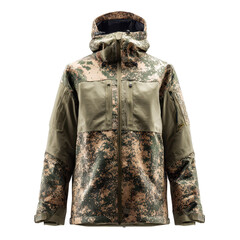 Naklejka premium Stylish camouflage jacket designed for outdoor activities in varied terrains and weather conditions