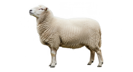 A fluffy sheep stands proudly isolated on a transparent background