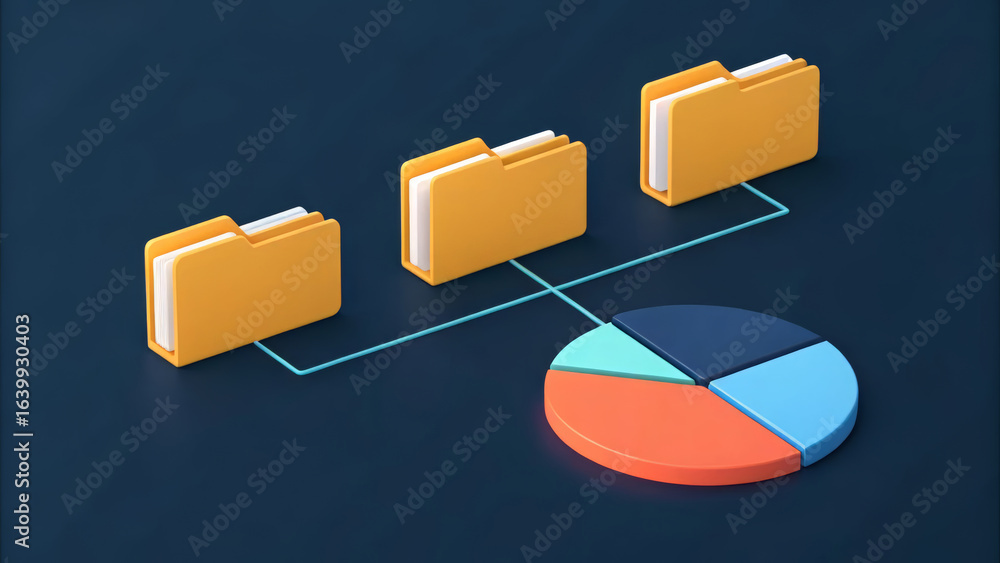 Poster folders connected to a pie chart for data organization and analysis