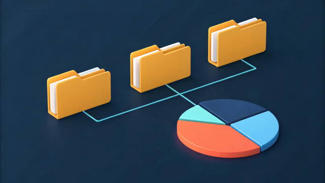 Folders connected to a pie chart for data organization and analysis - Powered by Adobe
