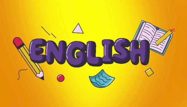 English text with pencil book and geometric shapes on a bright yellow gradient background art