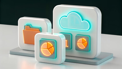 3d icons representing cloud storage, files, and data analytics