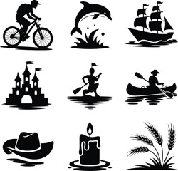 Assortment of Black Silhouette Icons Featuring Activities and Objects cyclist bicycle