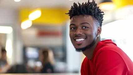 Experience joy through this uplifting clip of a young man in a bustling cafe. Ideal for engaging lifestyle narratives or promotional media. AI