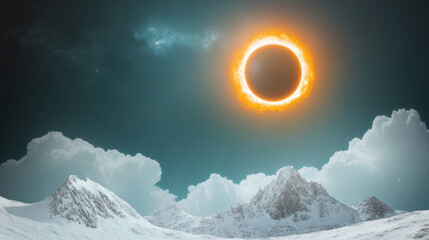 Glowing solar eclipse illuminates serene snowy mountain landscape under starry sky, with dramatic clouds adding depth and contrast to scene