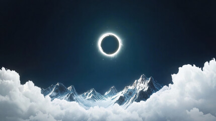 Celestial eclipse illuminates night sky over snow covered mountain peaks, surrounded by soft clouds, creating serene and mystical atmosphere