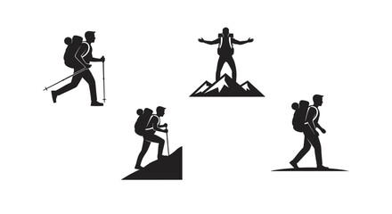 Collection of hikers with backpacks and trekking poles silhouette