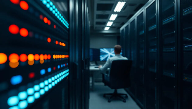 It technician working in a brightly lit server room with rows of blinking lights