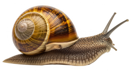 A garden snail with a detailed shell isolated on transparent background