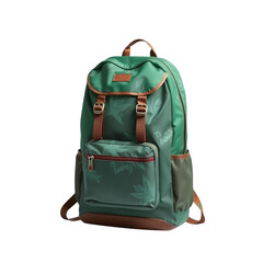 Fototapeta premium Stylish green canvas backpack with brown leather accents and buckles isolated on transparent background