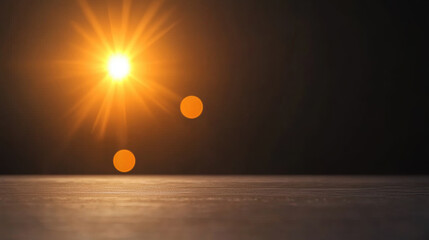 Glowing sunburst with radiant light beams illuminates dark background, creating warm and cinematic atmosphere. Two soft, blurred light orbs add depth and visual interest to scene