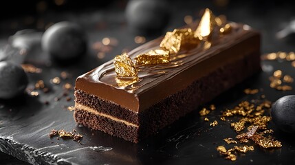 Luxurious dark chocolate cake slice adorned with edible gold leaf and chocolate shavings
