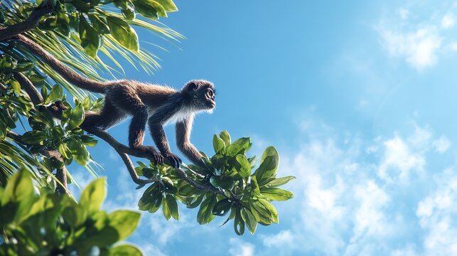 Spider monkey in tropical tree branches reaching into the forest canopy.