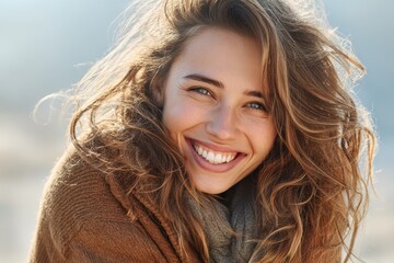 Fototapeta premium Joyful young smiling white woman outside
