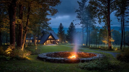 Fototapeta premium Cabin and Fire Pit Lit in Forest at Dusk